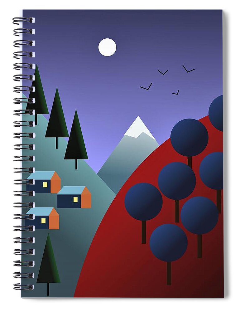 Mountainscape Spiral Notebook featuring the digital art Moonlit Mountainscape by Fatline Graphic Art