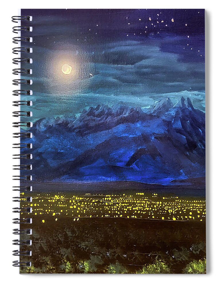 Las Cruces Spiral Notebook featuring the painting Moonrise over the Lights of Las Cruces and Organ Mountains by Chance Kafka