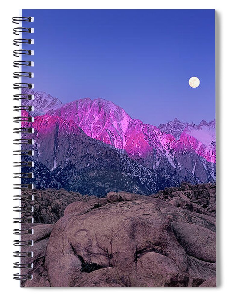 Moon Spiral Notebook featuring the photograph Moonset At Dawn Eastern Sierras Alabama Hills California by Dave Welling
