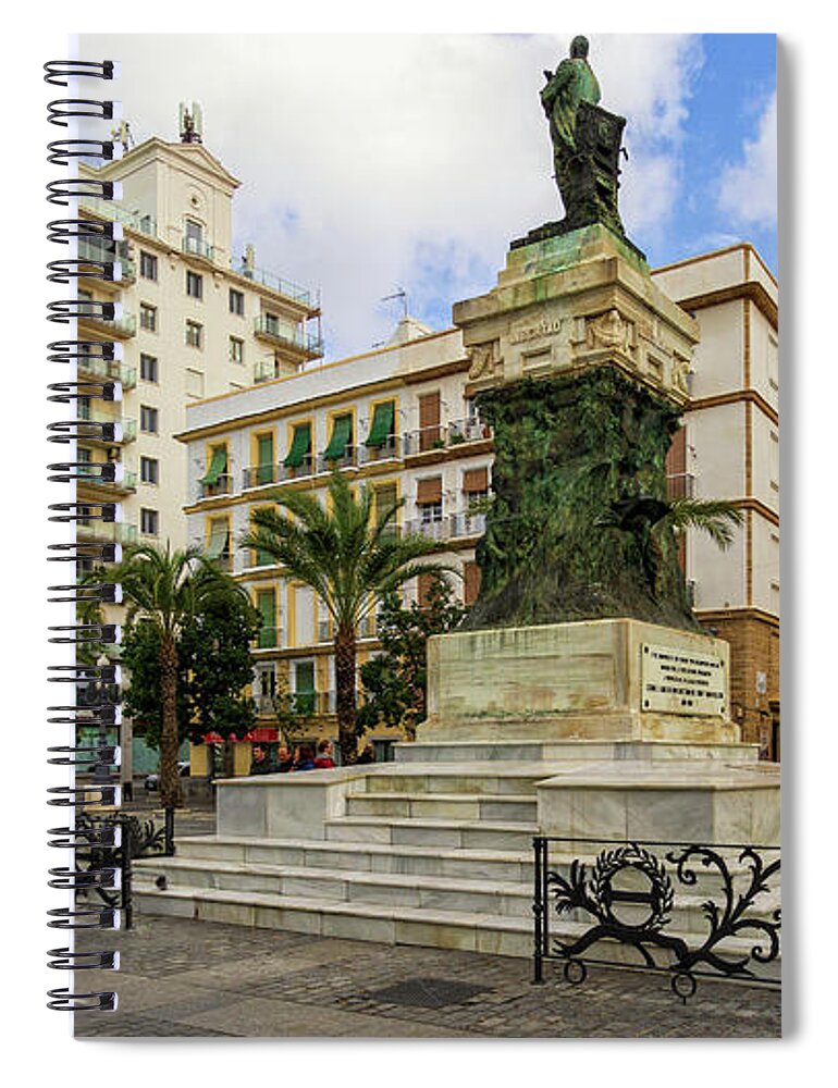 Day Spiral Notebook featuring the photograph Moret Monument an Fenix Building in San Juan de Dios Square Cadiz Andalusia by Pablo Avanzini