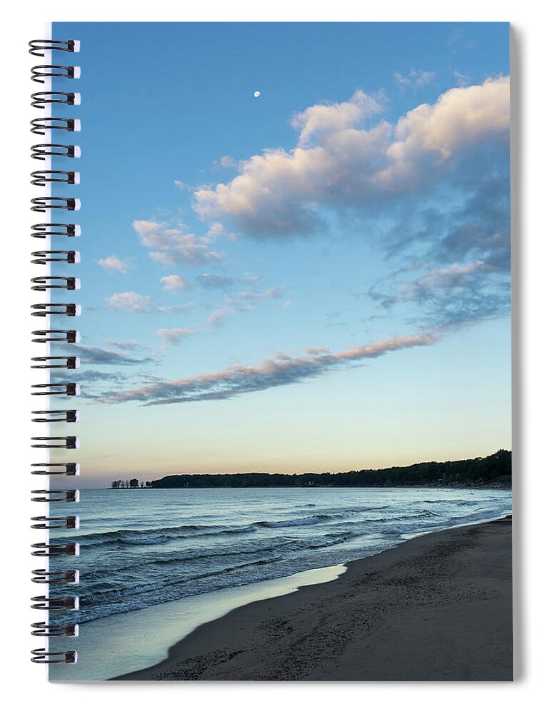 Moonset Spiral Notebook featuring the photograph Morning Moonset - Lorraine Bay Lake Erie North Shore by Georgia Mizuleva