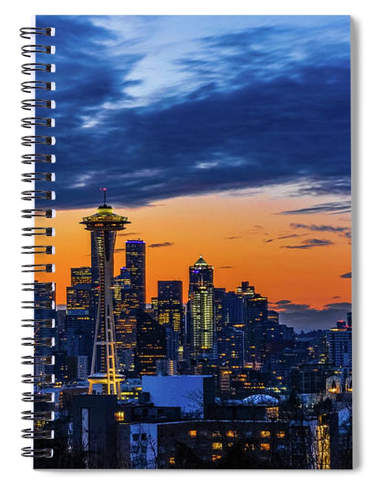 Seattle; Sunrise; Blue Hour; Kerry Park; Seattle Skyline; Seattle Cityscape; Space Needle; Mount Rainier; Seattle Icon Spiral Notebook featuring the photograph Morning Spectacle by Emerita Wheeling