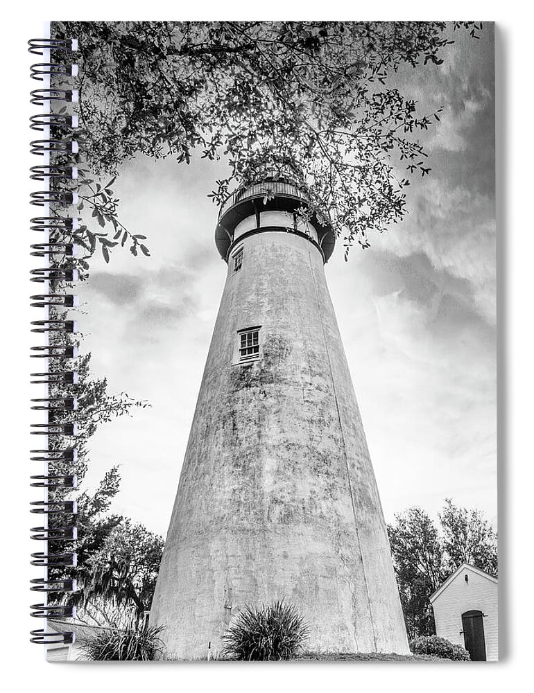 Black Spiral Notebook featuring the photograph Mossy Trees around the Amelia Island Lighthouse Black and White by Debra and Dave Vanderlaan