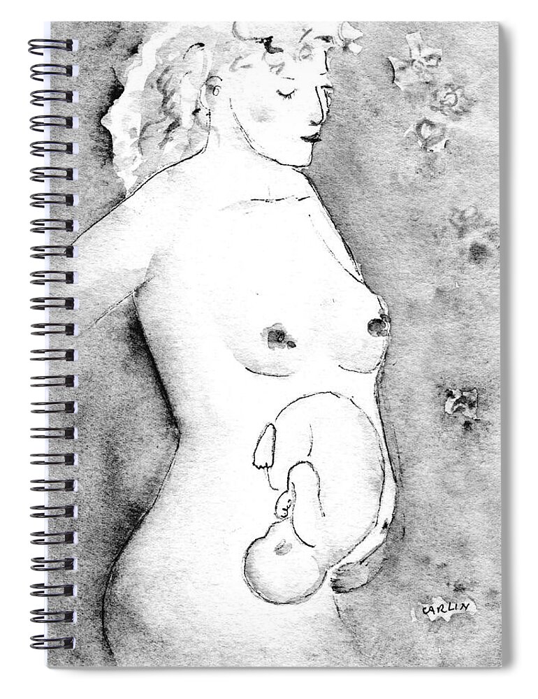 Pregnant Spiral Notebook featuring the painting Mother and Fetus Black and White by Carlin Blahnik CarlinArtWatercolor