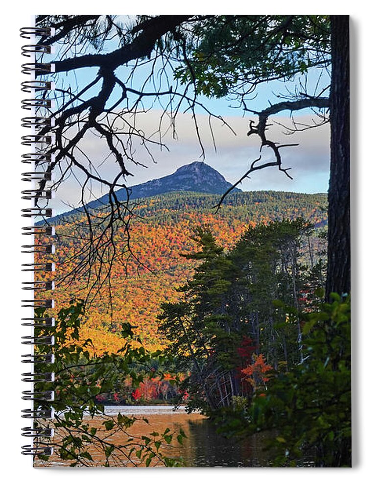 Mount Spiral Notebook featuring the photograph Mount Chocorua through the trees from Chocorua Lake Tamworth New Hampshire Fall Foliage by Toby McGuire