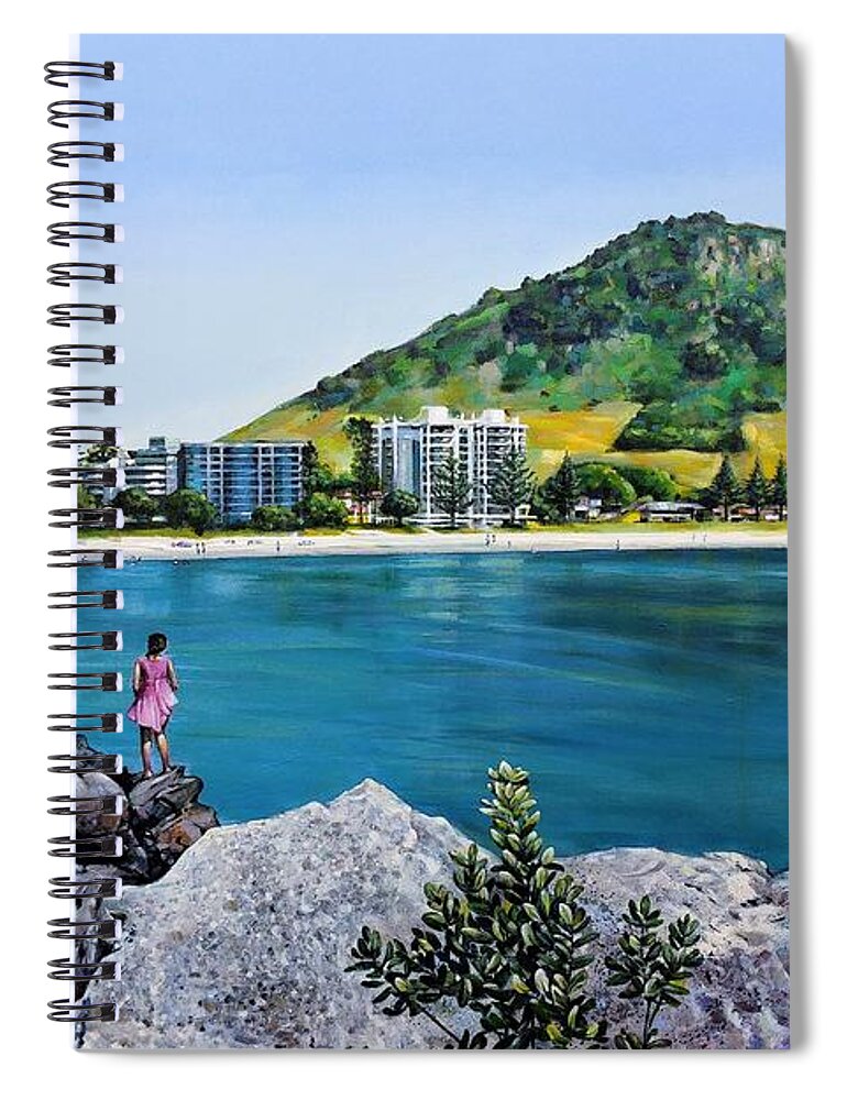 Beach Spiral Notebook featuring the painting Mount Maunganui 290321 by Selena Boron
