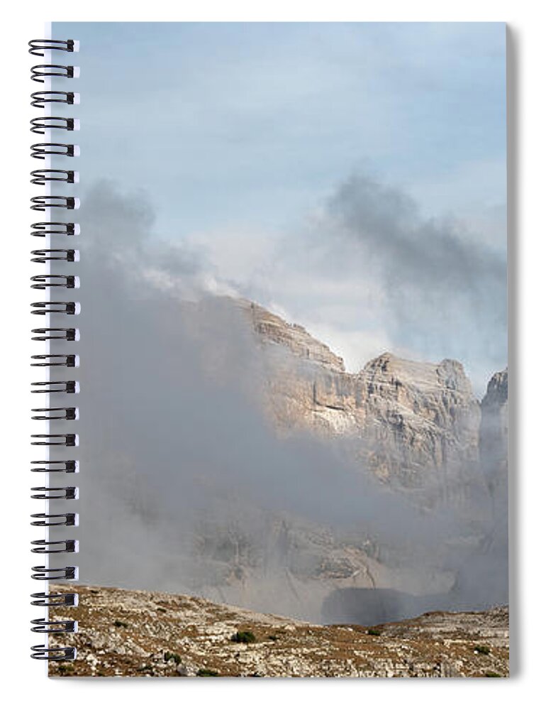 Italian Alps Spiral Notebook featuring the photograph Mountain landscape with fog in autumn. Tre Cime dolomiti Italy. by Michalakis Ppalis