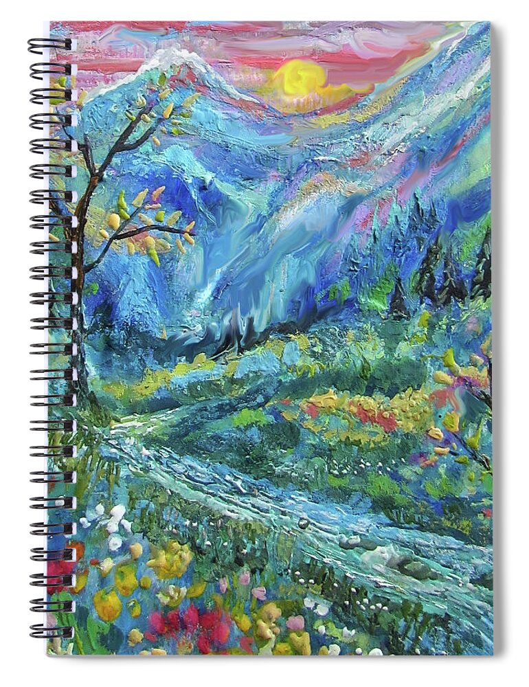 Encaustic Landscape Spiral Notebook featuring the painting Mountain River by Jean Batzell Fitzgerald