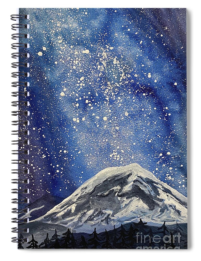Mount Rainier Spiral Notebook featuring the painting Mountain with Night Sky by Lisa Neuman