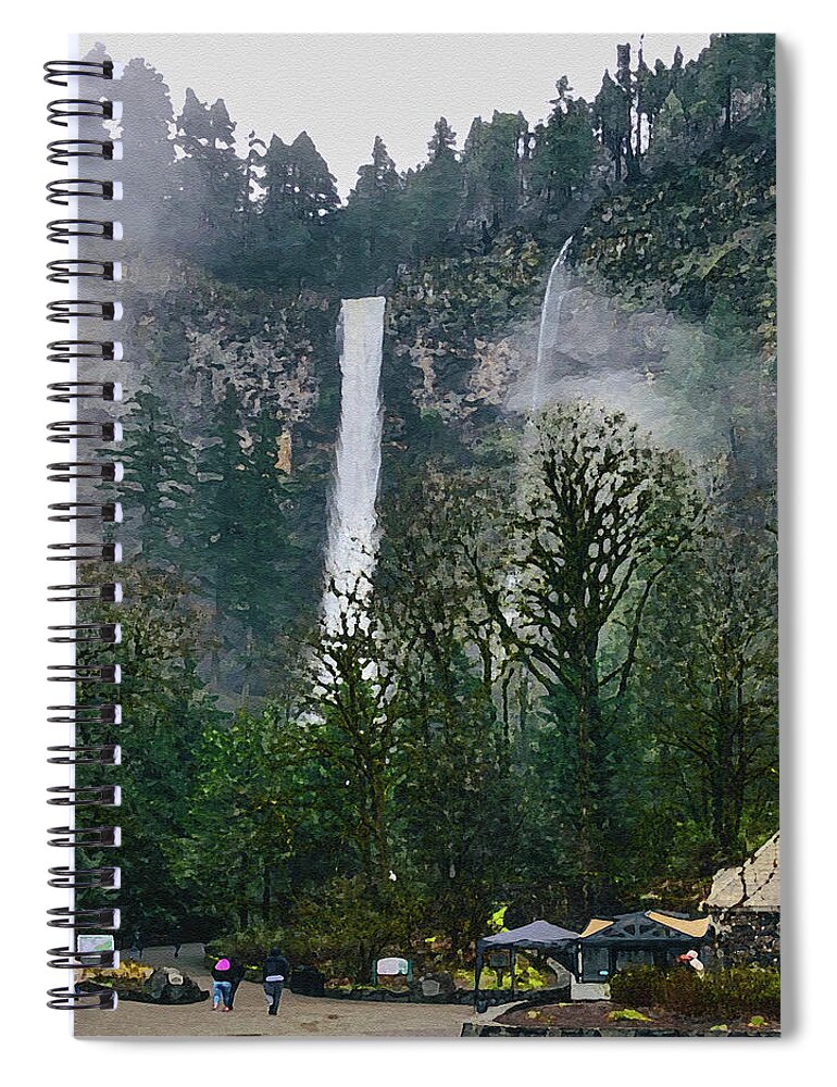Oregon Spiral Notebook featuring the mixed media Multhnoma Falls Oregon watercolor by Tatiana Travelways