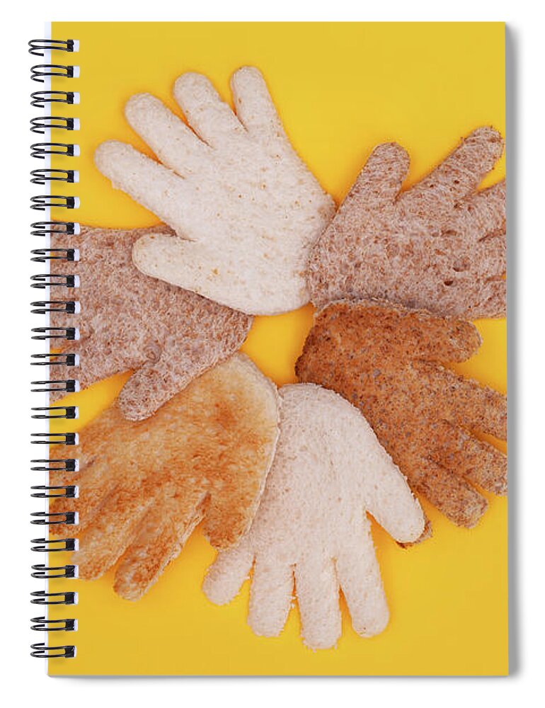 Hands Spiral Notebook featuring the photograph Multicultural hands circle concept made from bread by Simon Bratt