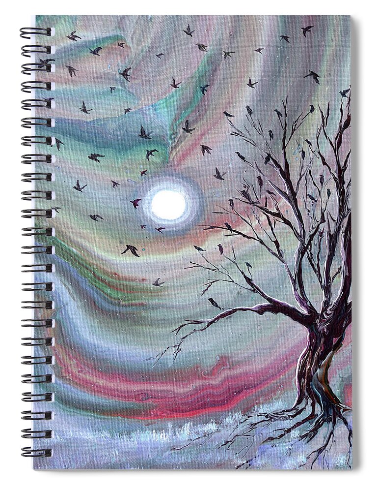 Starlings Spiral Notebook featuring the painting Murmuration from a Bare Tree by Laura Iverson
