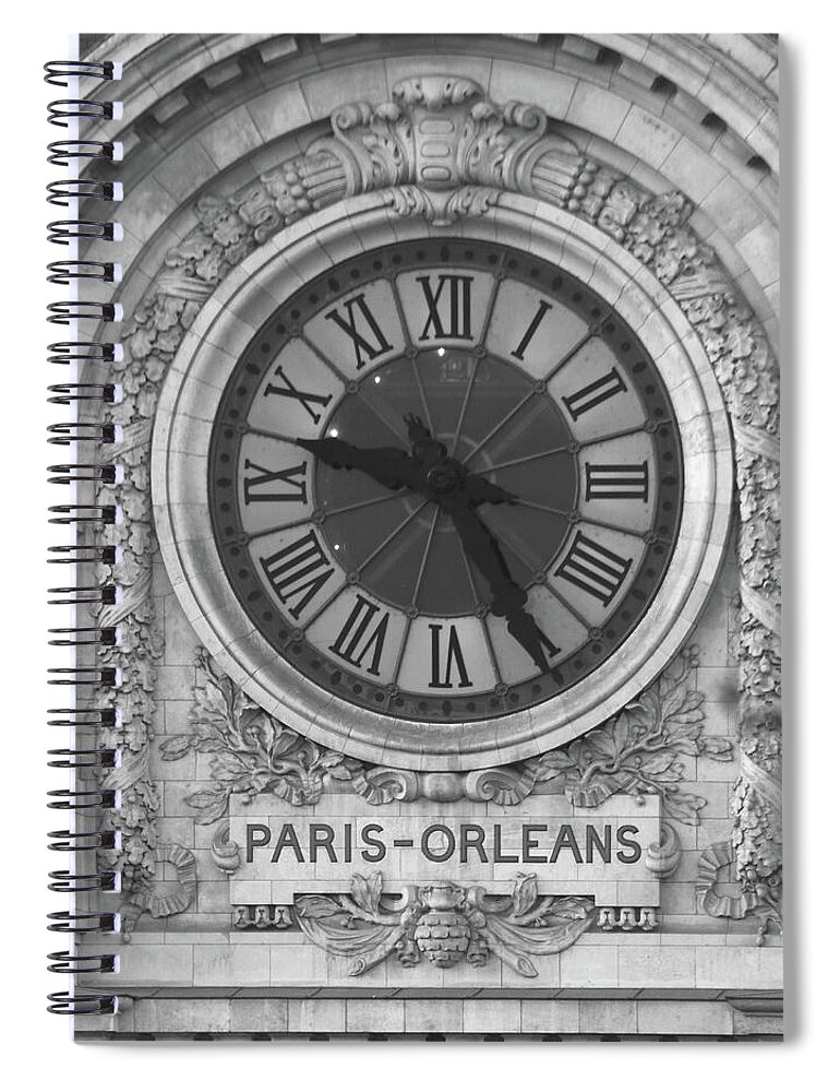 Paris Spiral Notebook featuring the photograph Musee d'Orsay Clock - Black and White by Ron Berezuk