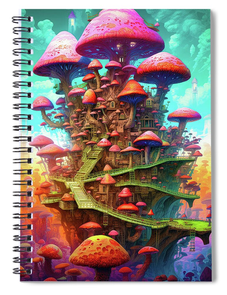 Mushroom Spiral Notebook featuring the digital art Mushroom City 13 Fantasy Art Illustration Style by Matthias Hauser
