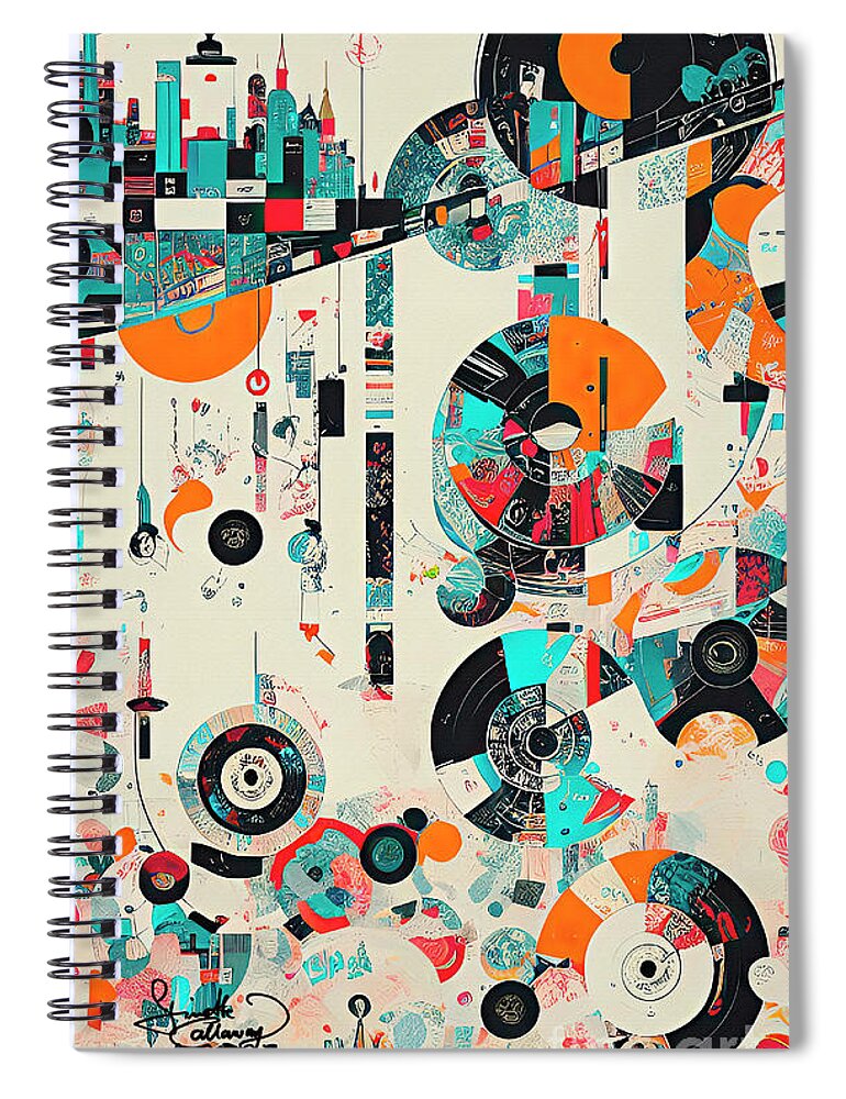 Abstract Vintage Music Spiral Notebook featuring the digital art Music City Abstract Vinyl Records Vintage Modern Art by Ginette Callaway