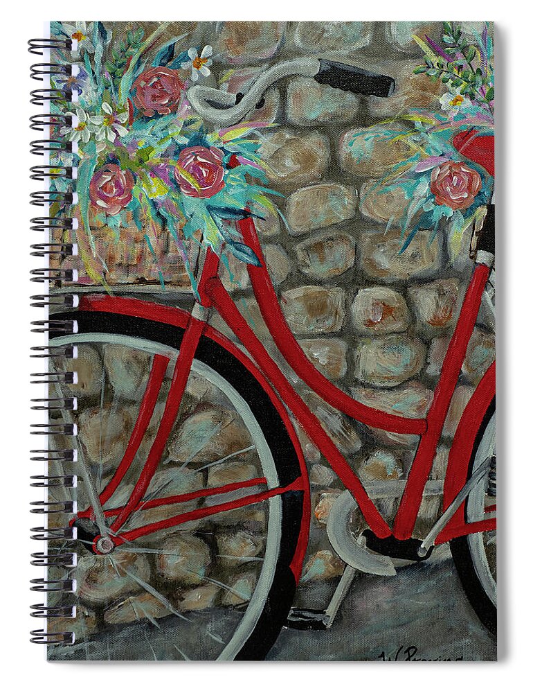 Bicycle Spiral Notebook featuring the painting My Crimson Ride by Wendy Provins