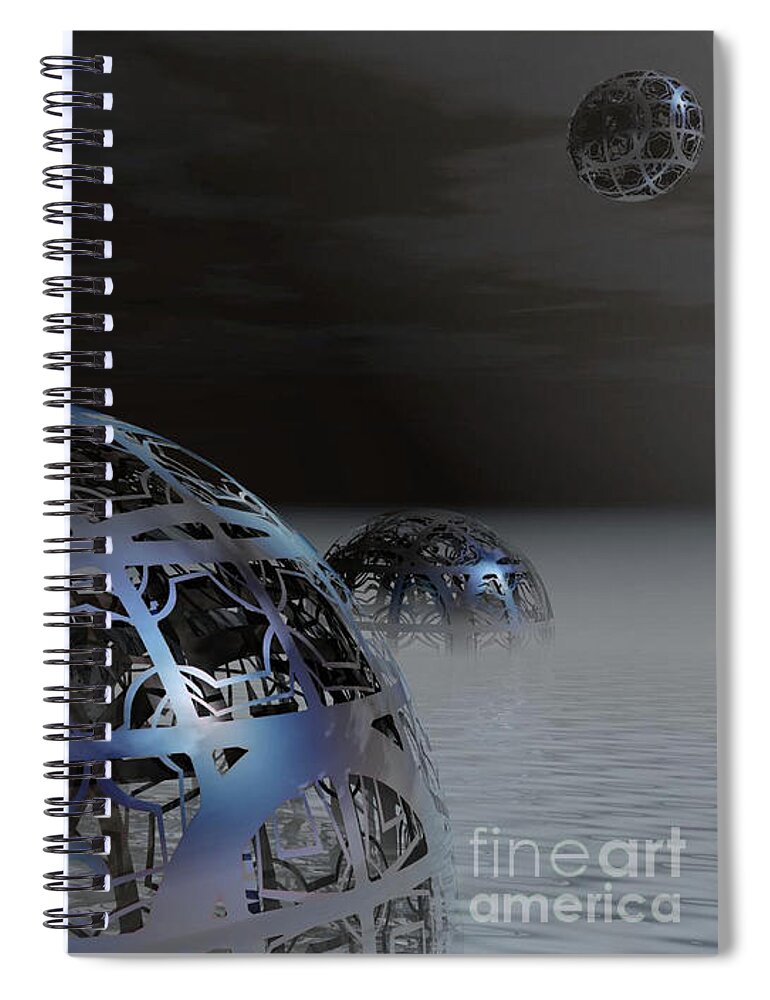 Surreal Spiral Notebook featuring the digital art Mysterious Metal Cages by Phil Perkins