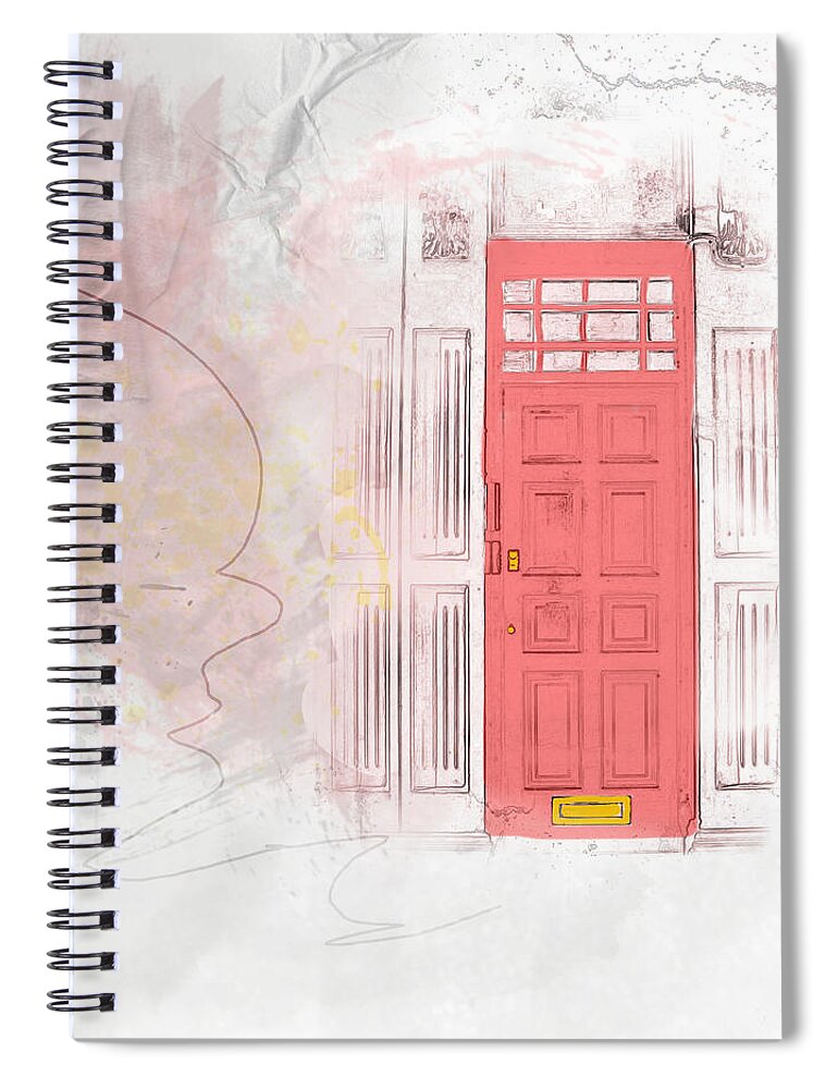 Red Spiral Notebook featuring the mixed media Mysterious Red Door by Moira Law