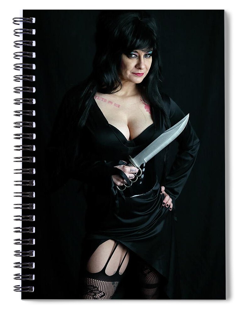 Elvira Spiral Notebook featuring the photograph Mysti as Elvira 2 Color by Cully Firmin