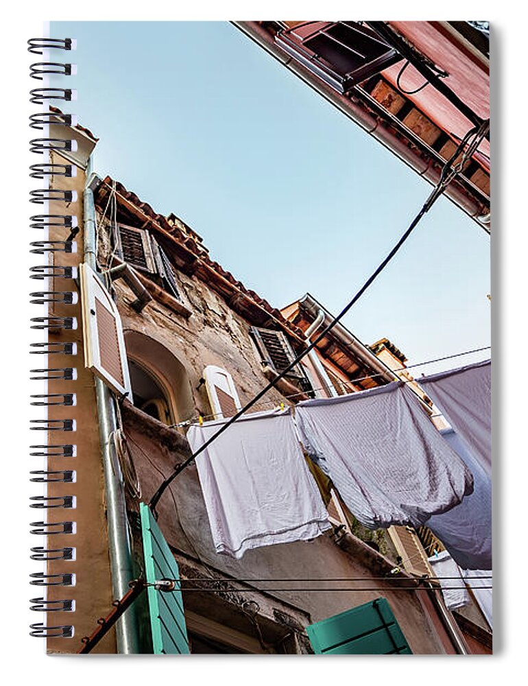 Croatia Spiral Notebook featuring the photograph Narrow Alley With Old Houses And Freshly Washed Laundry In The City Of Rovinj In Croatia by Andreas Berthold