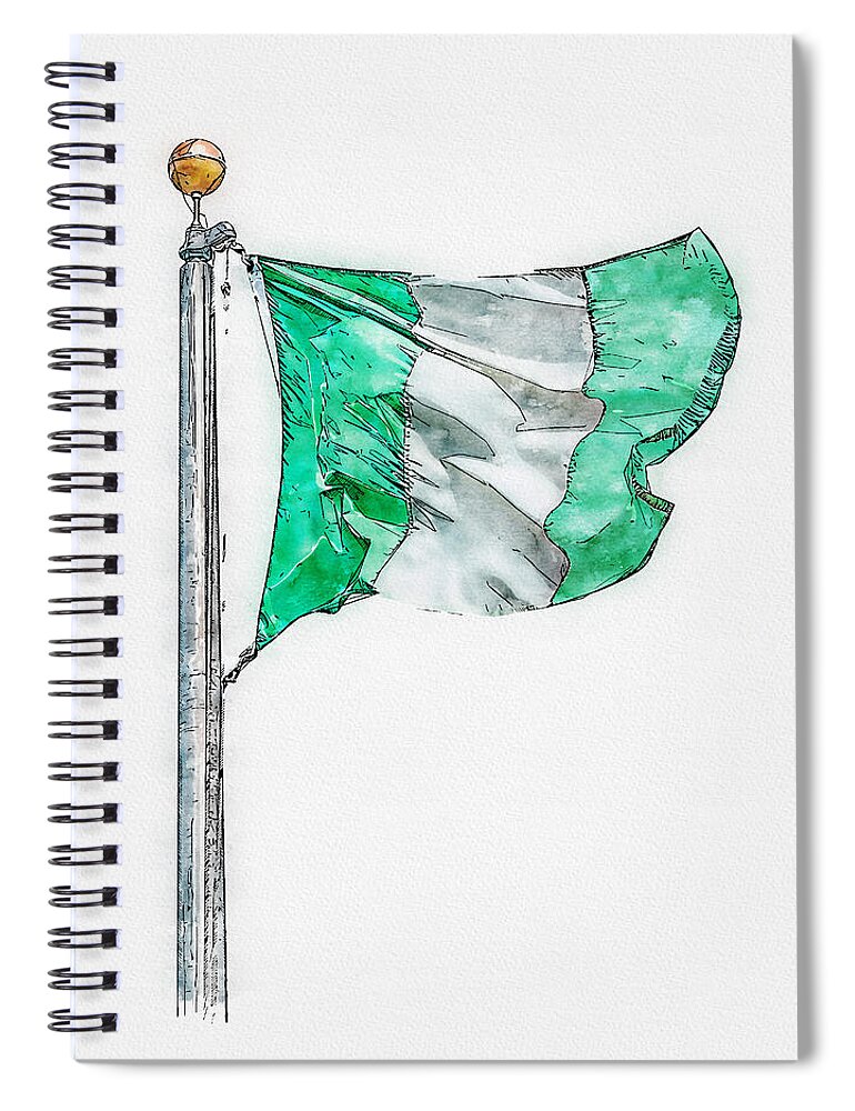 Watercolor Spiral Notebook featuring the digital art National flag of Nigeria on a flagpole, isolated on white background by Maria Kray
