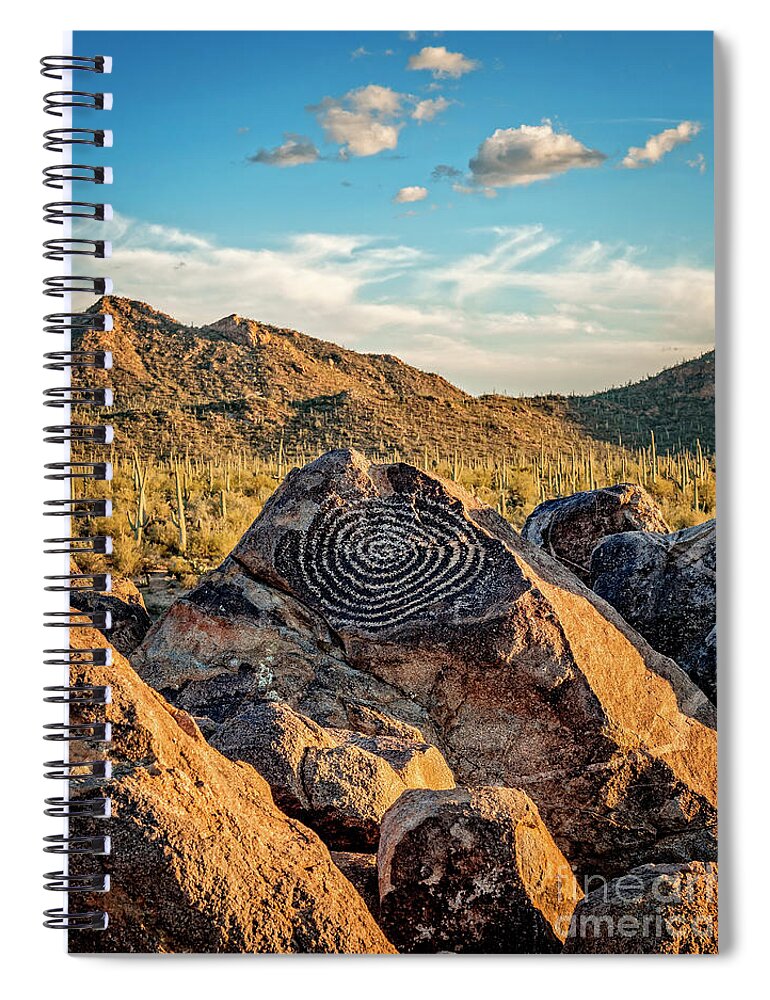 Petroglyph Spiral Notebook featuring the photograph Native American Indian Petroglyph in Saguaro National Park, Arizona by Bryan Mullennix