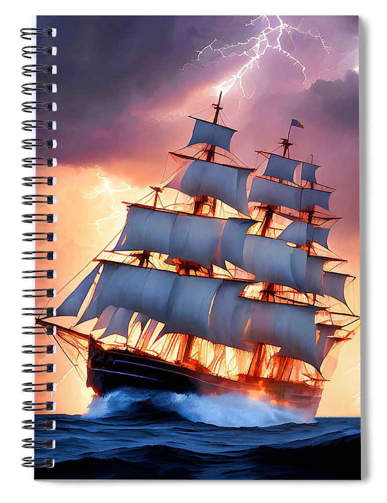 Ship Spiral Notebook featuring the mixed media Navigating the Storm by Pennie McCracken