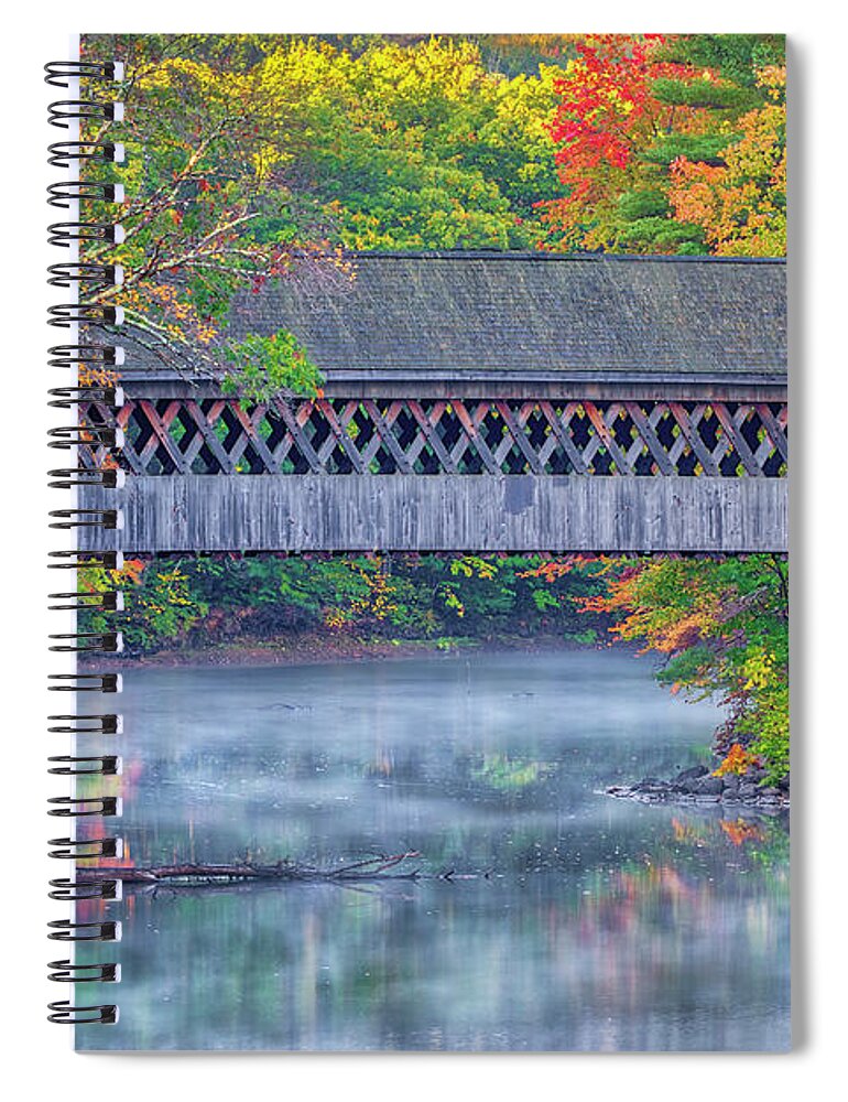 Henniker Covered Bridge Spiral Notebook featuring the photograph New England Fall Foliage at the Henniker Covered Bridge by Juergen Roth