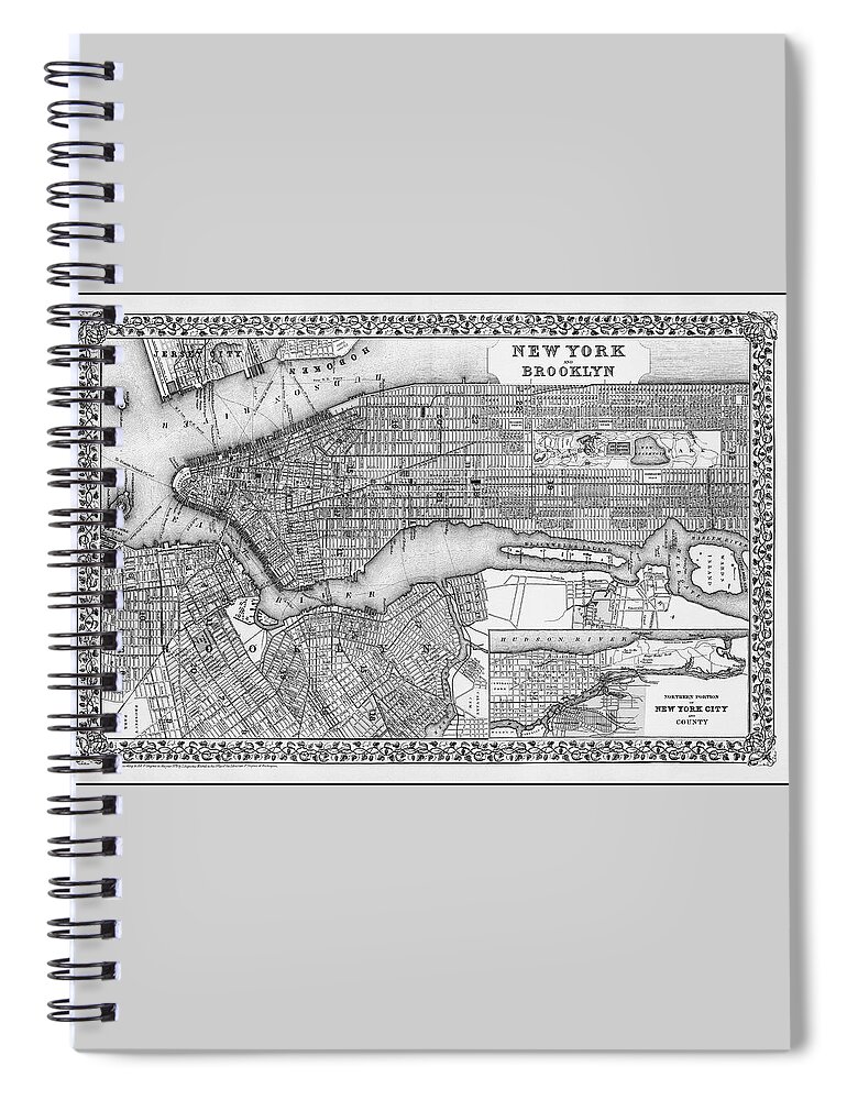 New York Spiral Notebook featuring the photograph New York and Brooklyn Vintage Map 1879 Black and White by Carol Japp
