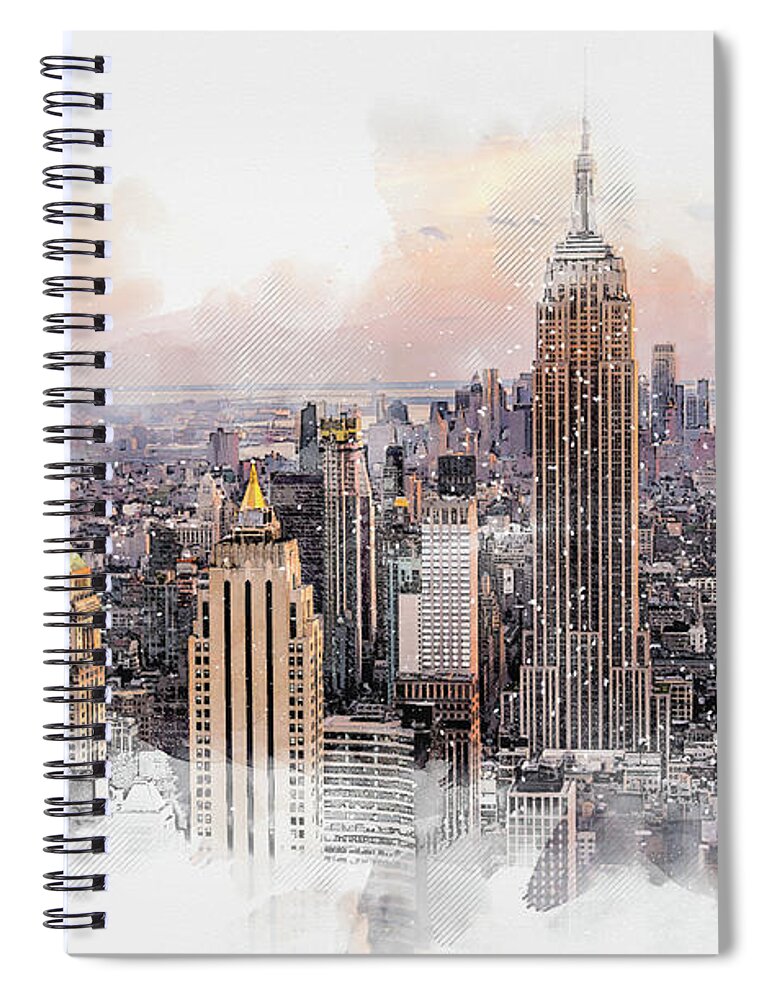 Watercolor Spiral Notebook featuring the digital art New York City skyline with skyscrapers, watercolor drawing by Maria Kray