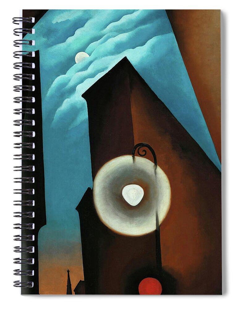 Georgia O'keeffe Spiral Notebook featuring the painting New York street with moon - abstract modernist cityscape painting by Georgia O'Keeffe