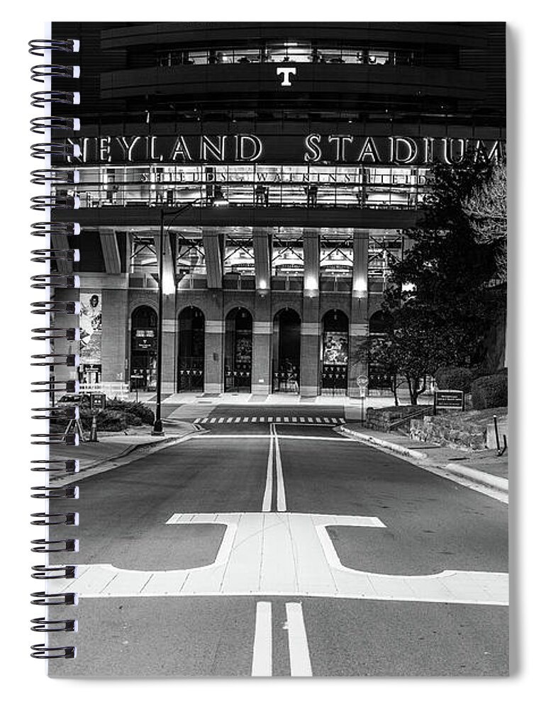University Of Tennessee At Night Spiral Notebook featuring the photograph Neyland Stadium at the University of Tennessee at night in black and white by Eldon McGraw