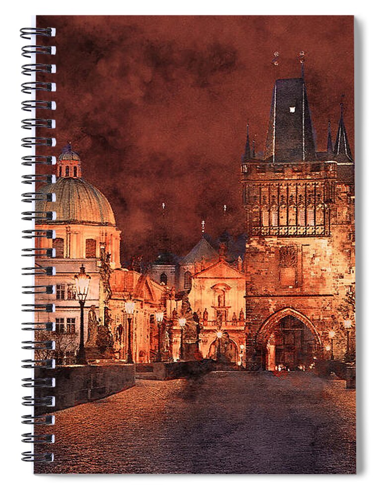 Prague Spiral Notebook featuring the painting Night at Charles Bridge in Prague by Alex Mir