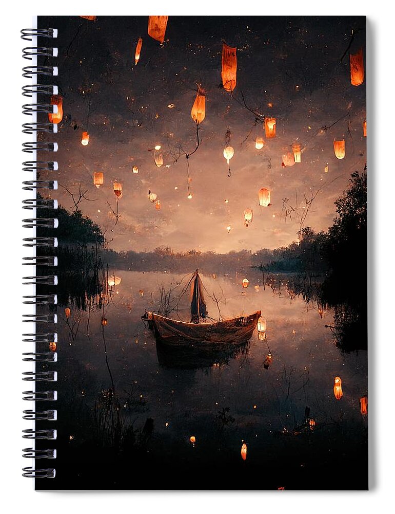 Boat Spiral Notebook featuring the digital art Night Lights by Nickleen Mosher