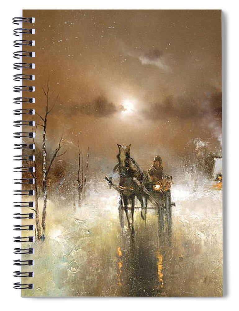 Russian Artists New Wave Spiral Notebook featuring the painting Night Thaw in Winter Village by Igor Medvedev
