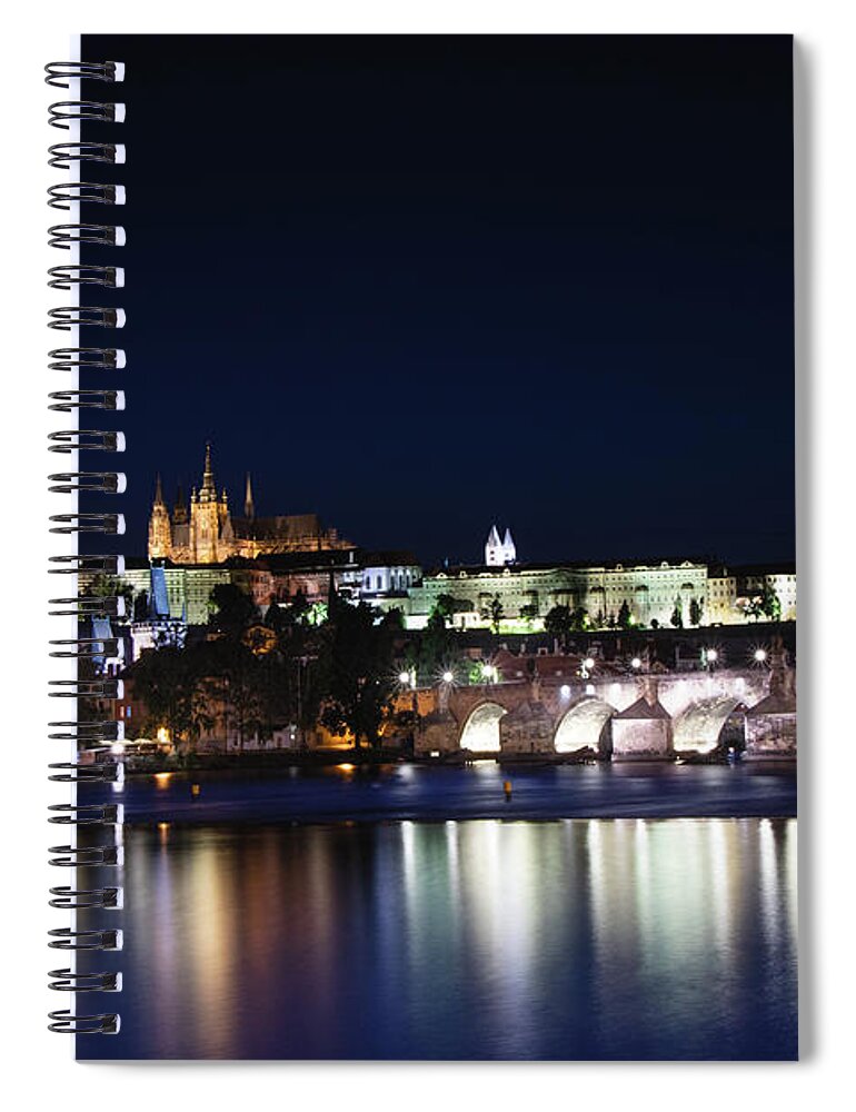 Lamps Spiral Notebook featuring the photograph Night view of the old town of Prague with Prague Castle by Vaclav Sonnek