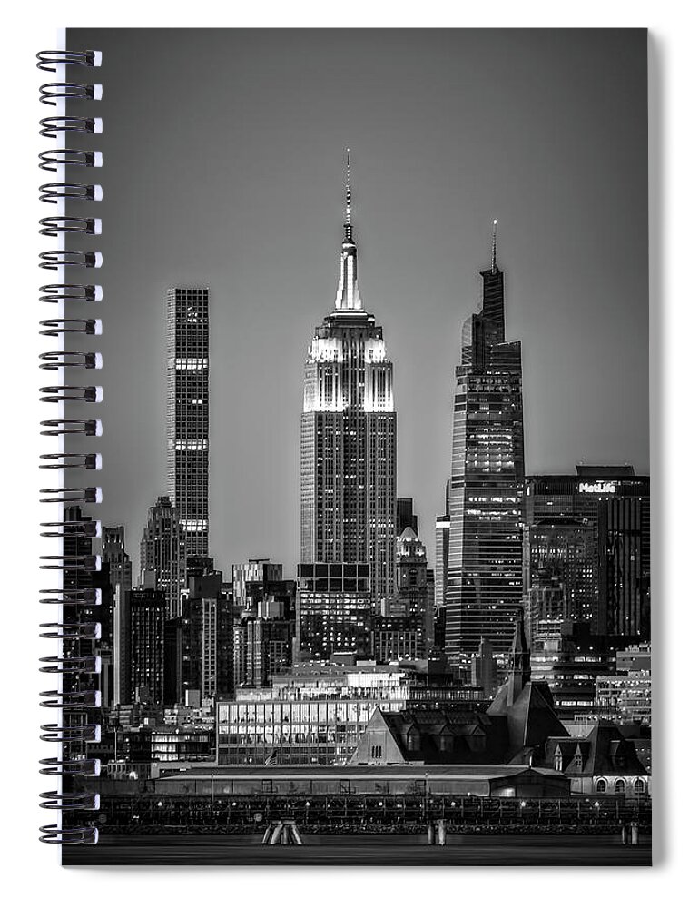 Empire State Spiral Notebook featuring the photograph NJ and New York City Skyline BW by Susan Candelario