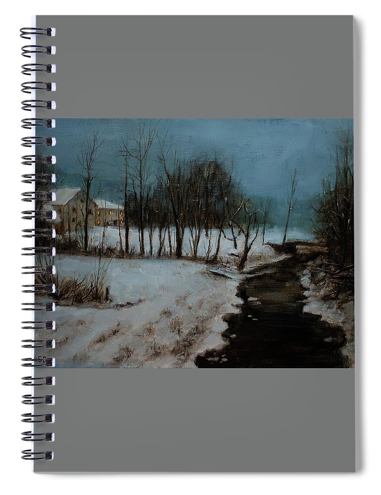 Winter Nocturne Spiral Notebook featuring the painting Nocturne in Nauvoo by Bibi Snelderwaard Brion
