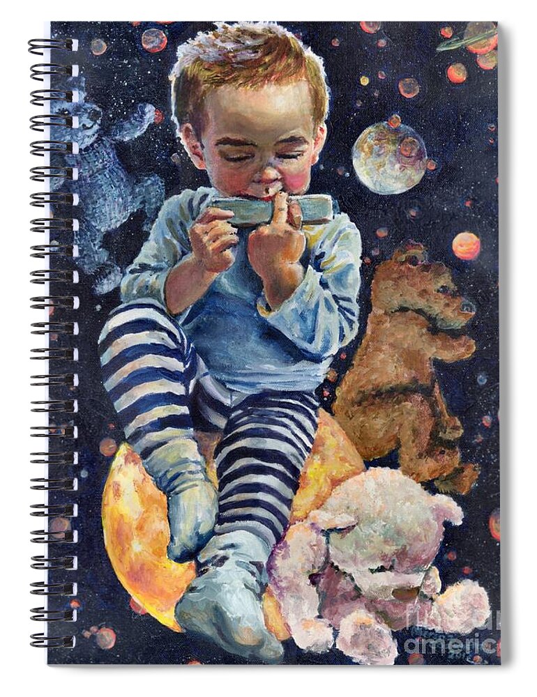 Boy Spiral Notebook featuring the painting Nocturne on Harmonica for Bear Trio by Merana Cadorette