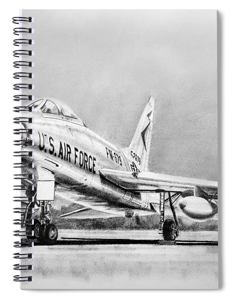 Aircraft Spiral Notebook featuring the drawing North American F-100 Super Sabre by Douglas Castleman