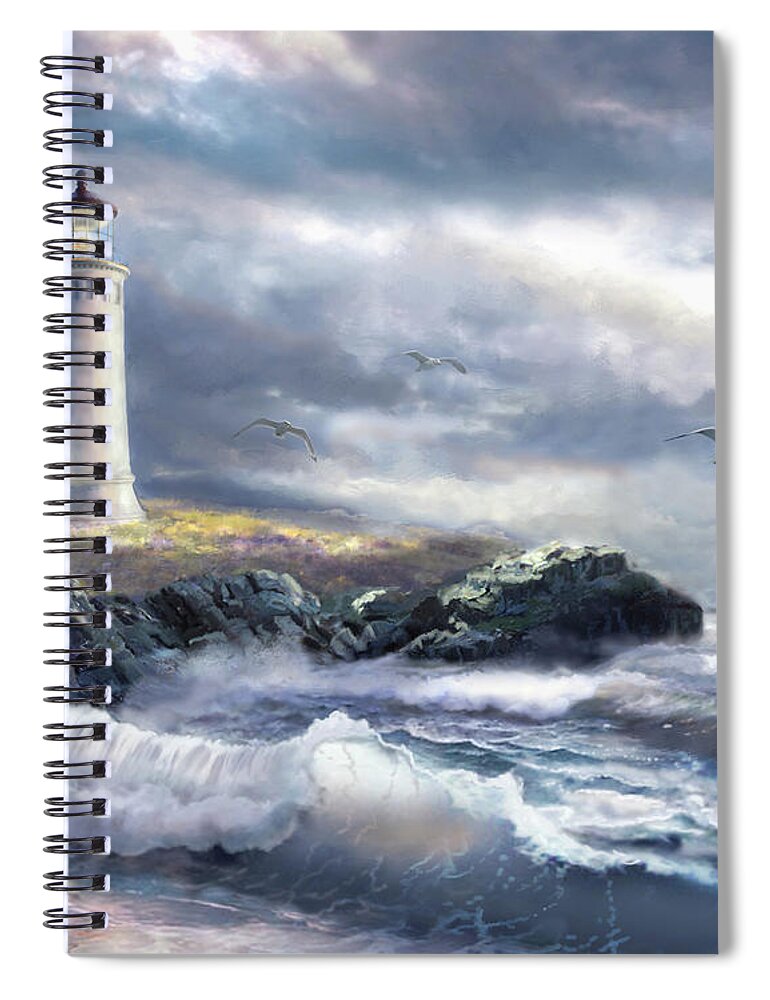 North Head Lighthouse Spiral Notebook featuring the painting North Head lighthouse at the eve of a storm by Regina Femrite