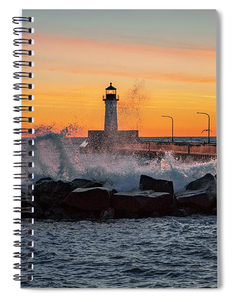 Lake Superior Spiral Notebook featuring the photograph North Pier Lighthouse at Dawn by Kevin Argue