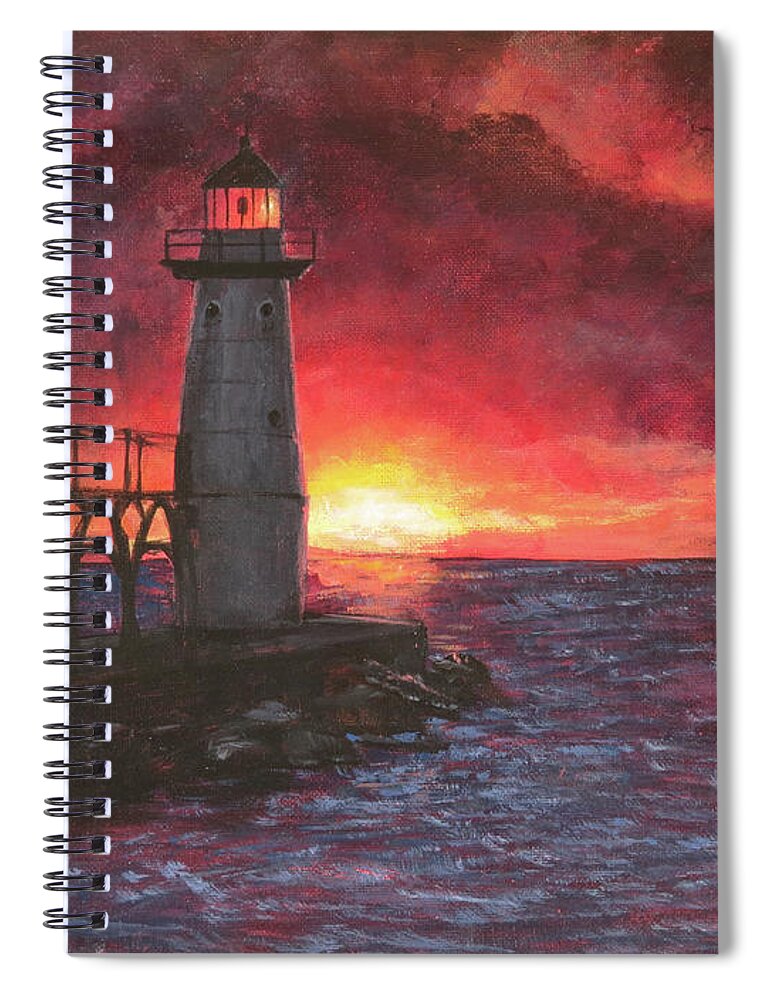 North Pierhead Spiral Notebook featuring the painting North Pierhead Lighthouse by Zan Savage