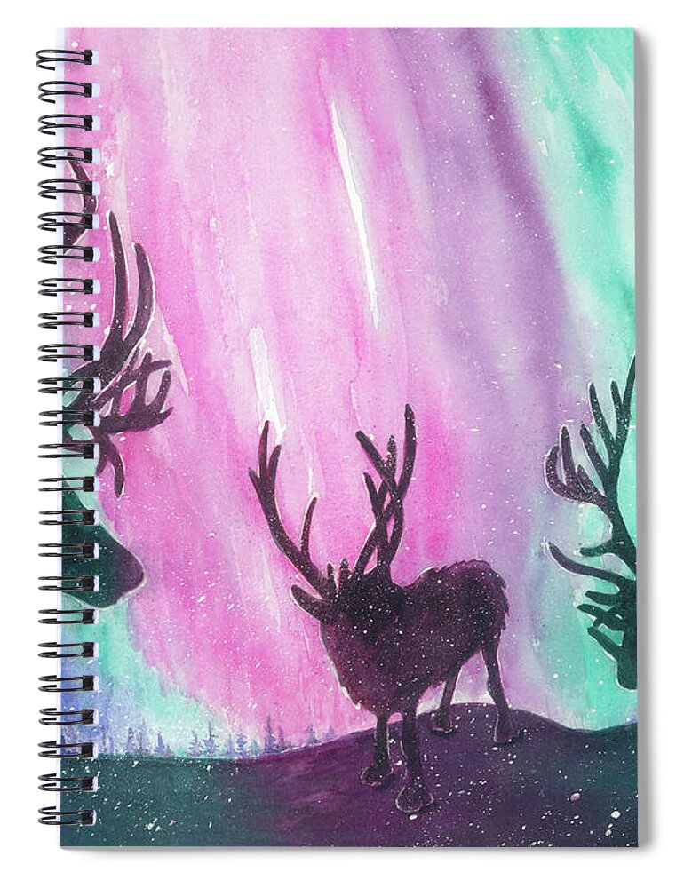 Reindeer Spiral Notebook featuring the painting North Pole Nightlife by Lori Taylor