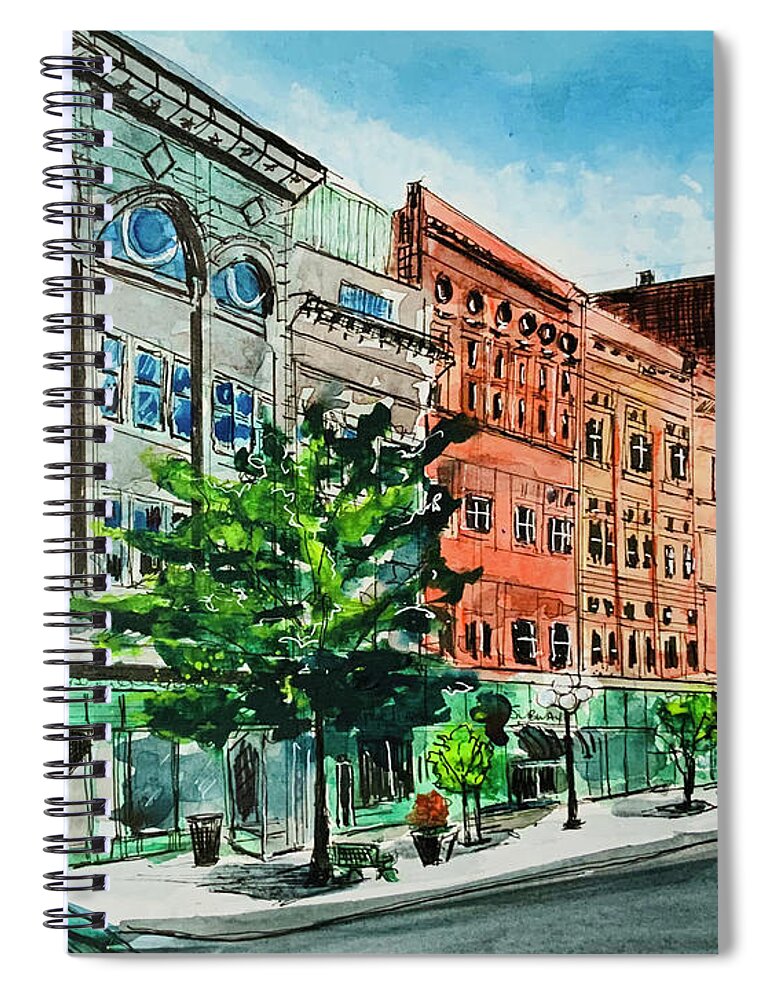 Bloomington Spiral Notebook featuring the painting North Side of the Square by Eileen Backman