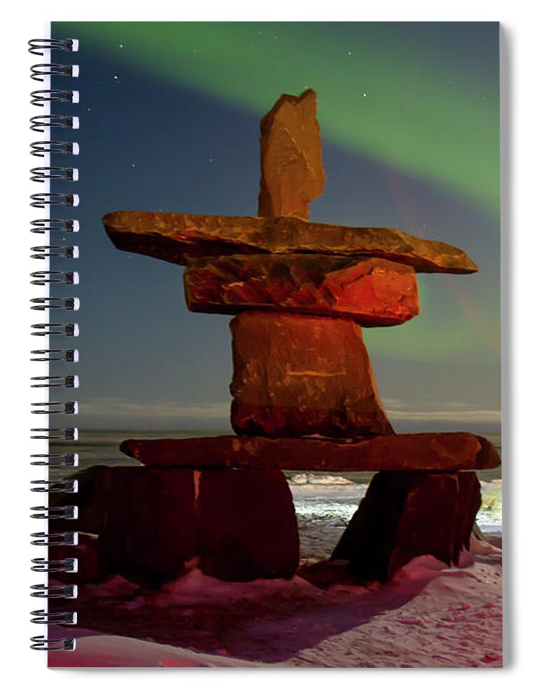 American Spiral Notebook featuring the photograph Northern lights and inukshuk on Hudson Bay at night by Karen Foley
