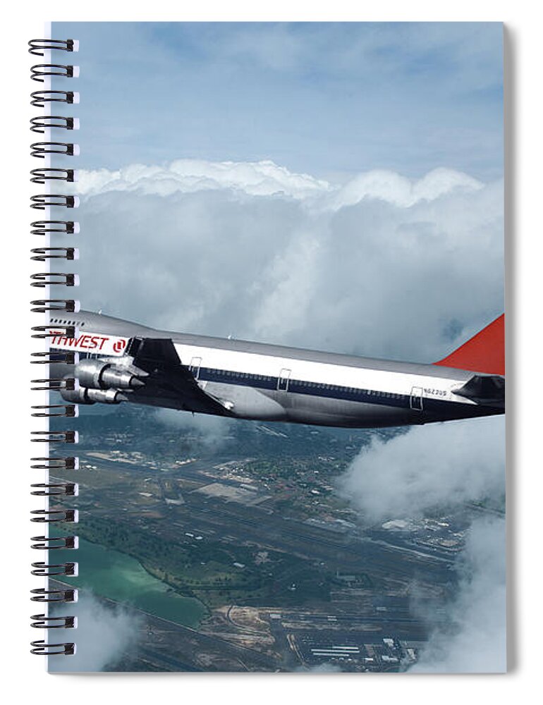 Northwest Orient Airlines Spiral Notebook featuring the mixed media Northwest Airlines Boeing 747 over Hawaii by Erik Simonsen