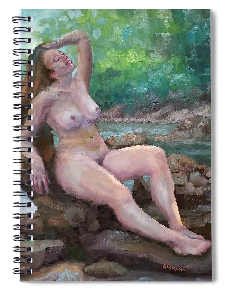 Plein Air Spiral Notebook featuring the painting Nude woman by creek by Jeff Dickson