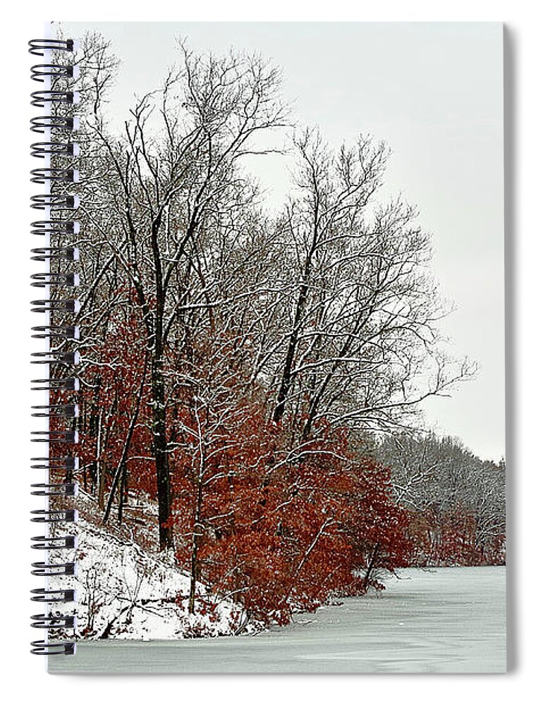 Frozen Spiral Notebook featuring the photograph Oak Trees and Frozen Lake by Randy Pollard