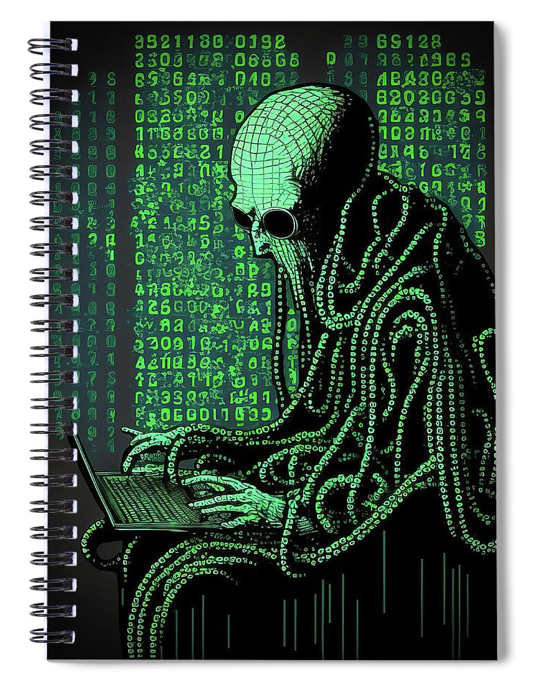 Programmer Spiral Notebook featuring the digital art Octopus Hacker writing Code 05 by Matthias Hauser